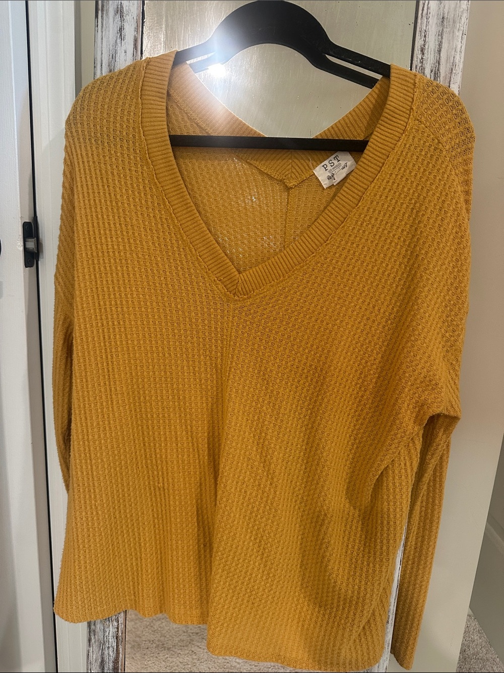 Project Social T Mustard V-Neck Waffle Knit Sweater
